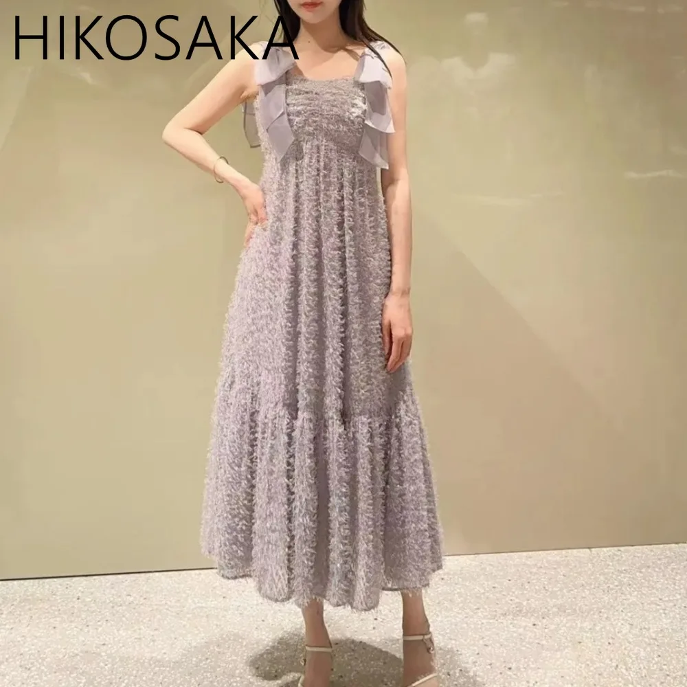 

Sweet Bow Straps Dress Pink Furry Tassel Slim Fit A-line Robe Japan Style Chic Elegant Spring Summer Temperament Fairy Vestidos