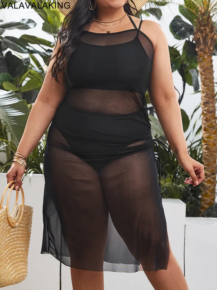 2025 Black 3 Piece Mesh Dress Cove Up Plus Size Bikini Set Women Sexy Push UP Big Swimsuit Curvy HIgh Waist Chubby Bathing Suit