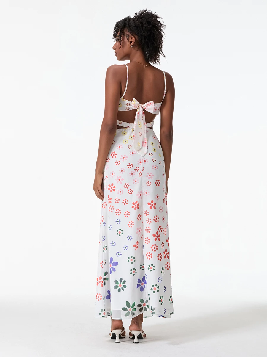 Wsevypo-Robe longue de plage à imprimé floral pour femmes, bretelles spaghetti, dos nu, nœud noué, découpe croisée, robes de soirée, élégante, éducative