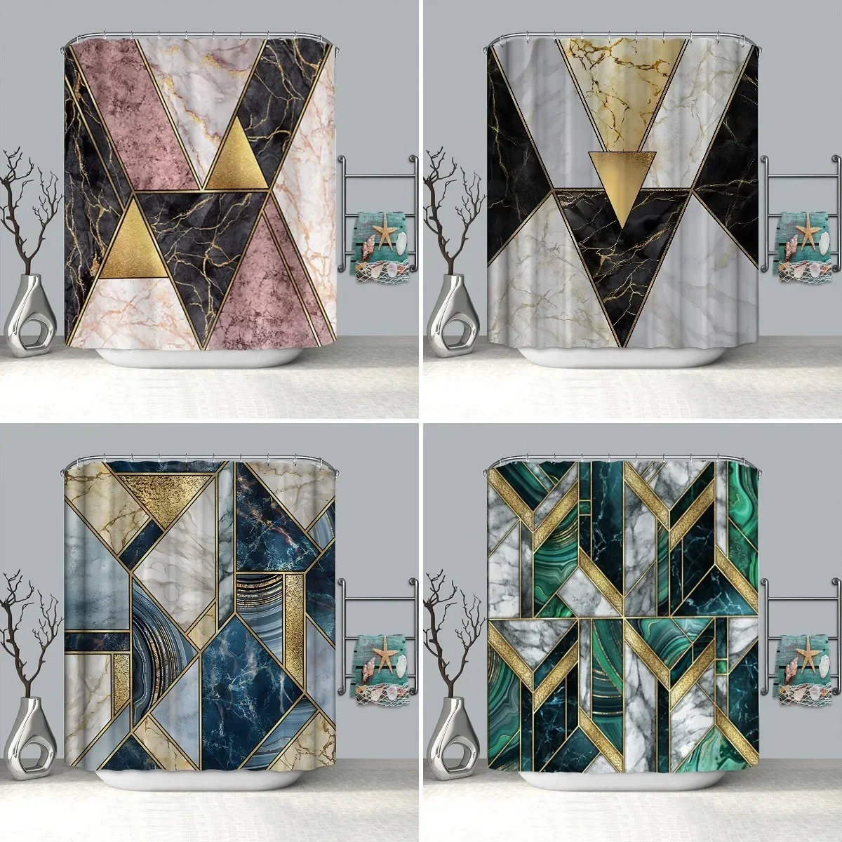 3D Geometric Marble Print Waterproof Shower Curtain,Modern Abstract Luxury Art Decorative Fabric Bath Curtain for Bathroom Decor