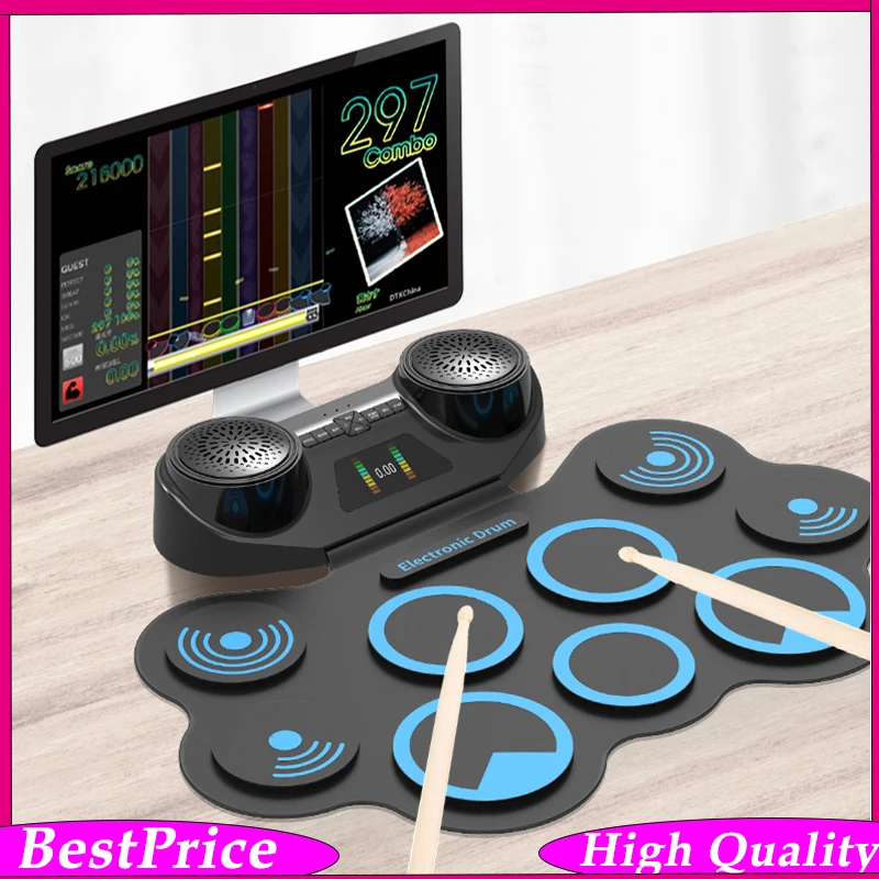 MD668 Portable Bluetooth Electronic Drum Kit Foldable Practice – 9 Silicone Pads, 7 Drum Kits, 9 Rhythms, Drum Set