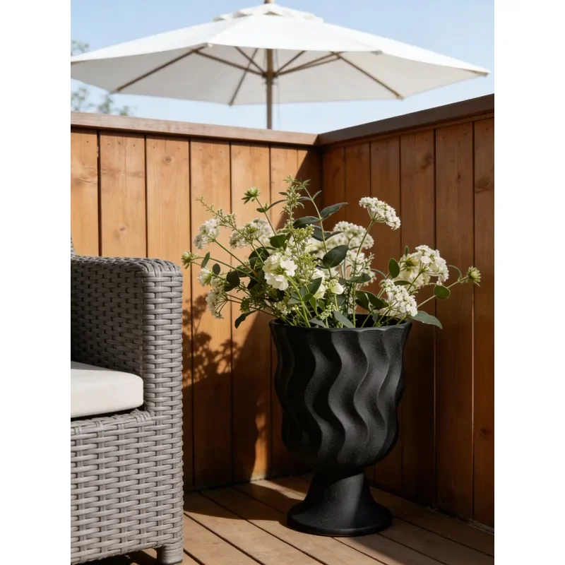 for Outdoor Black Wave Design Flower Pot Modern Resin Planter for Patio Garden Plant Container Weatherproof Yard Decor