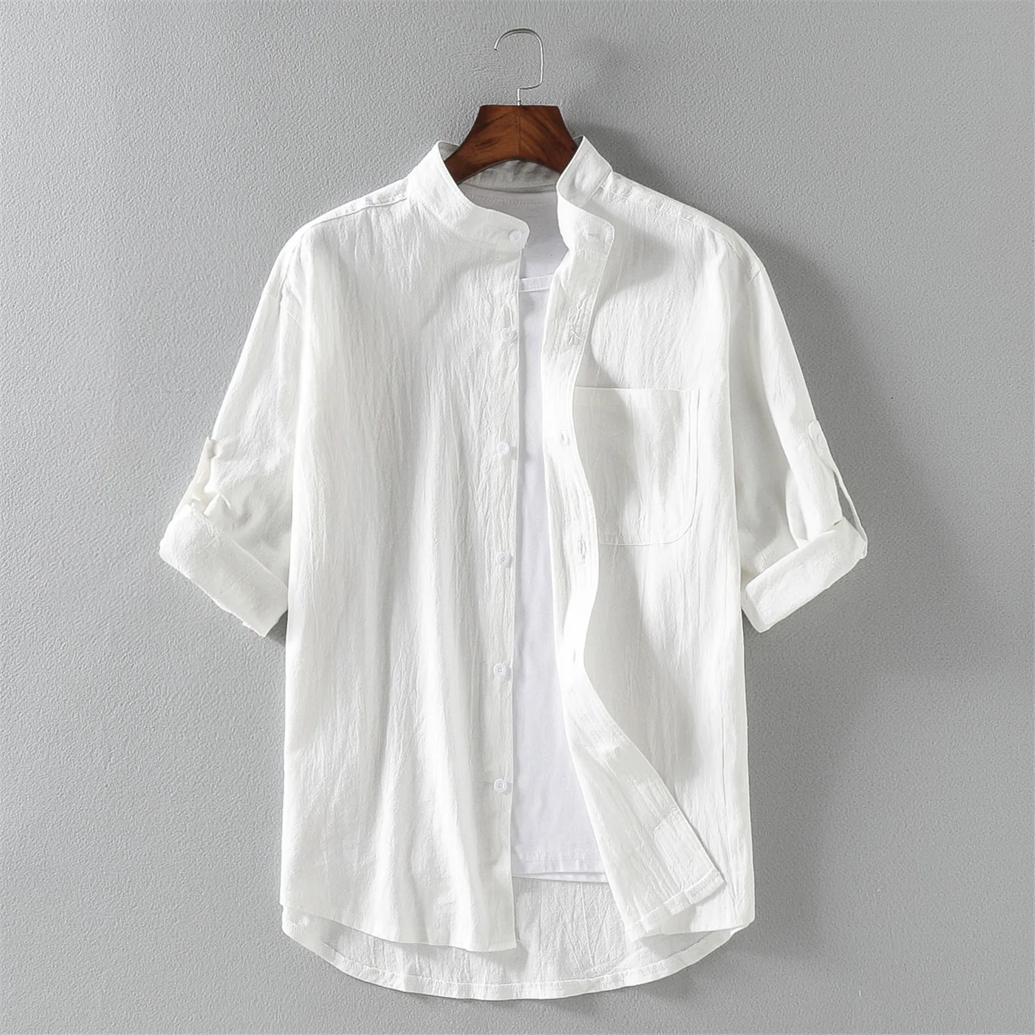 Camisa de linho de algodão manga curta masculina, cor sólida, gola alta, casual, social, alta qualidade, primavera, verão, novo