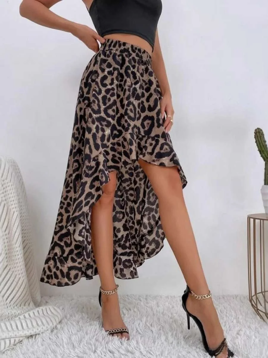 Trendy Leopard Print Halter Neck  Skirt Women's Long Dress Cross-Border Casual Fashion Printed Skirt Mid-Term Season PVC ...