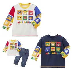 Boys' Clothes Spring and Autumn New Six-square Grid Color Bear Print Fake Two Long-sleeved T-shirt Inner Top