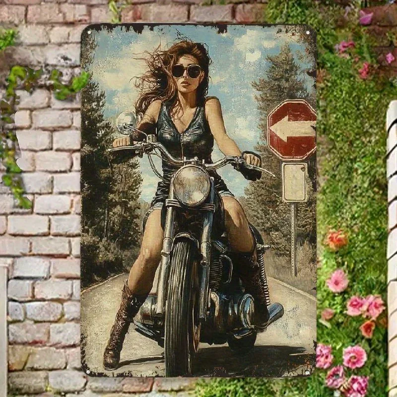 Adventure Ready Retro Motorcycle Girl Tin Sign - No. 66 Highway Wall Art, Suitable for Garage, Home Decor or Bar, Fun and Uni