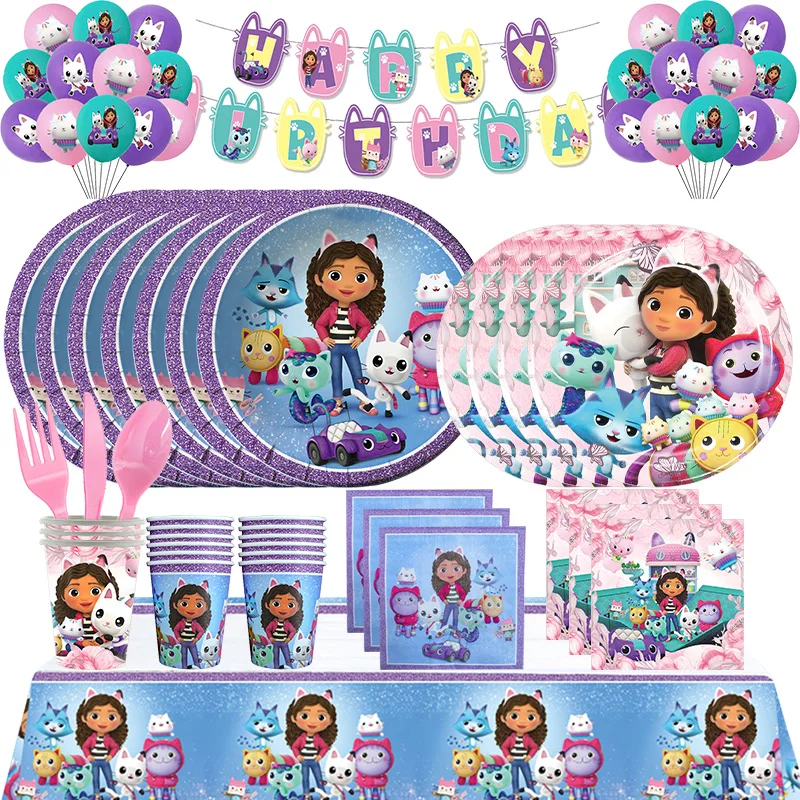 Gabby Dollhouse Birthday Decoration Party Supplies Candy Gift Boxes Tableware Backdrop Gabby Cat Balloons Set Party Favors Kids