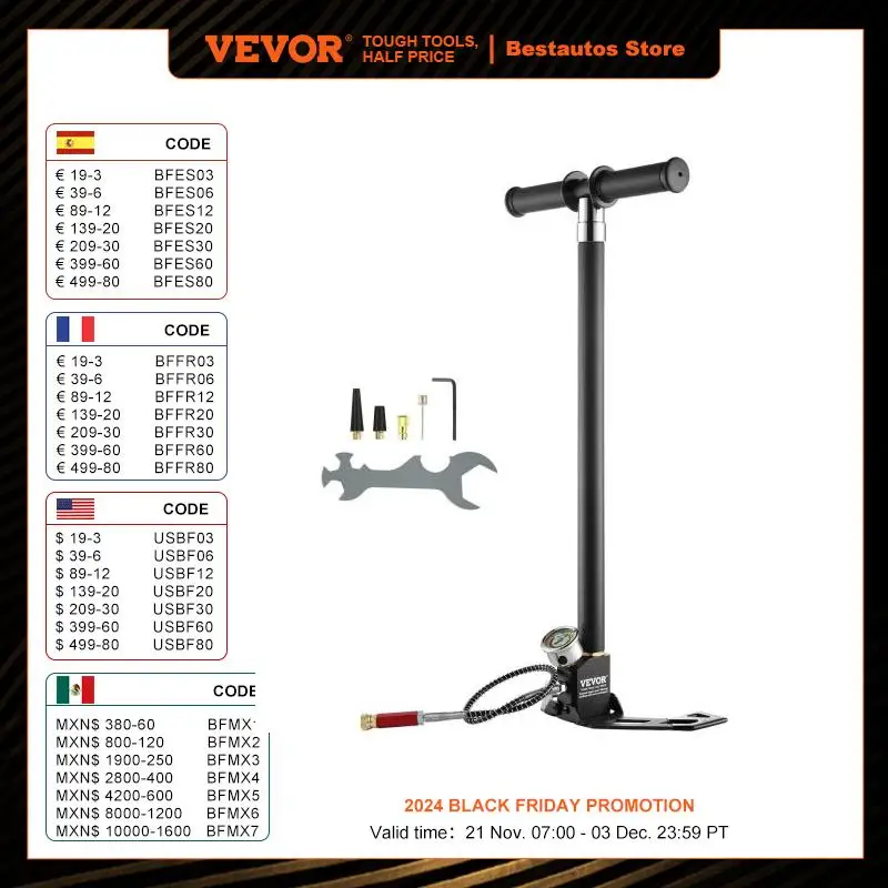 VEVOR PCP Hand Pump 4 Stage 30Mpa 4500PSI High Pressure PCP Air Rifile Filling Stirrup Pump for Airguns, Paintball Filling, Tire