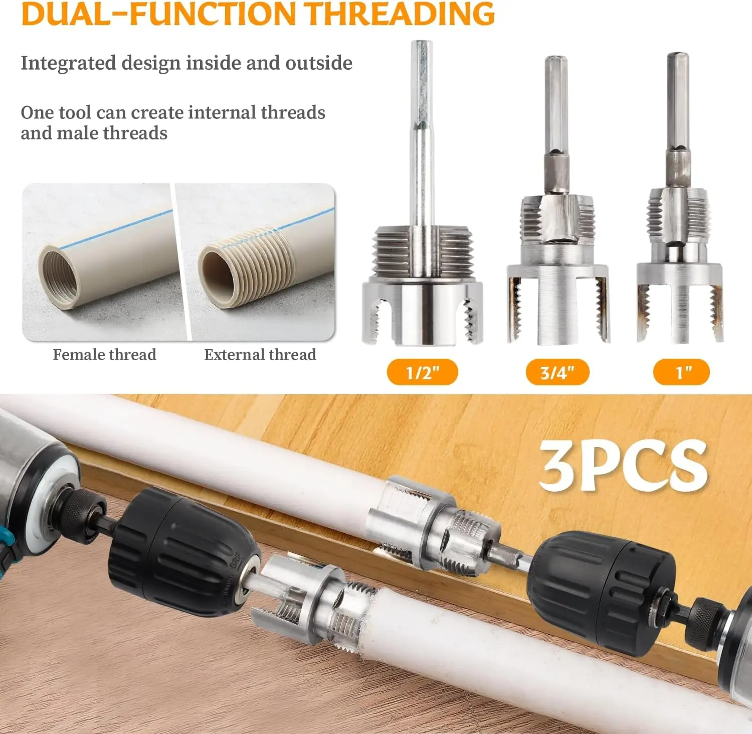 3-teiliges Innen- und Außenrohr-Gewindeschneidwerkzeug, elektrisch angetriebenes Gewindeschneidwerkzeug für 1/2 Zoll, 3/4 Zoll, 1 Zoll PVC/Kunststoffrohre – Detail 1