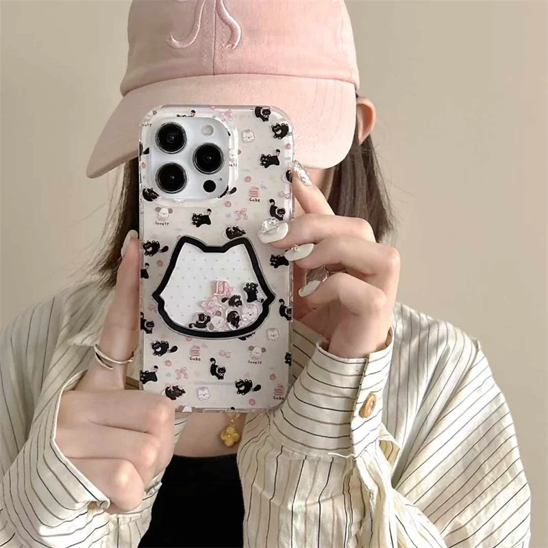 Funda de teléfono de gato negro de doble capa con el mismo soporte para agitar y agitar para iPhone 12, 13, 14, 15, 16 pro max