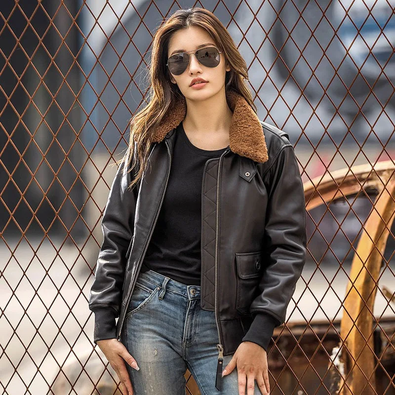 

2024 New Autumn Winter Women's Sheepskin Wool Collar G1 Pilot Leather Jackets Plus Cotton Woman Leather Coats