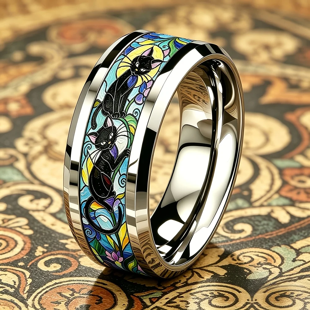 Künstlerischer Stil Abstrakter Schwarzer Katzen-Mond-Ring Einzigartige Edelstahlringe für Männer und Frauen Hochzeit Party Schmuck Geschenk für Katzenliebhaber – Detail 5
