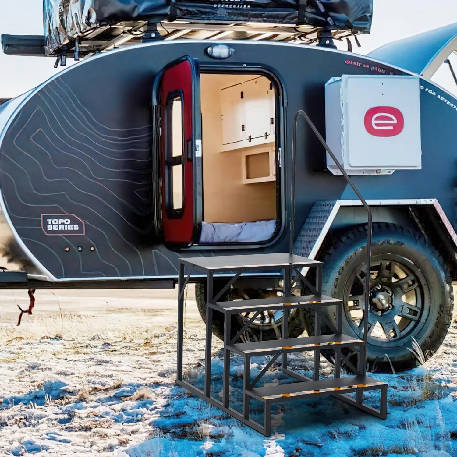 سلالم RV ذات 4 خطوات مع درابزين وأشرطة غير قابلة للانزلاق، سلم محمول خارجي لمقطورات العجلات الخامسة، ومعسكر السفر، وأحواض ساخنة #4