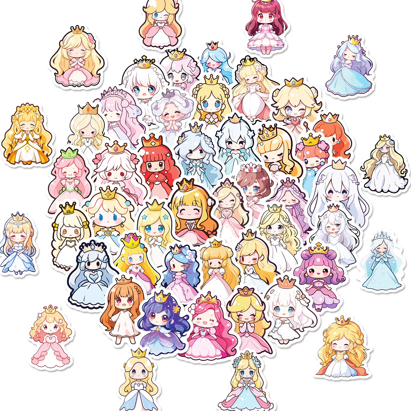 

10/30/50PCS Lovely Cartoon Princess Dress Crown Young Girl Art Decals for Water Bottle Mobile PC Journal Stationery Travel Bag