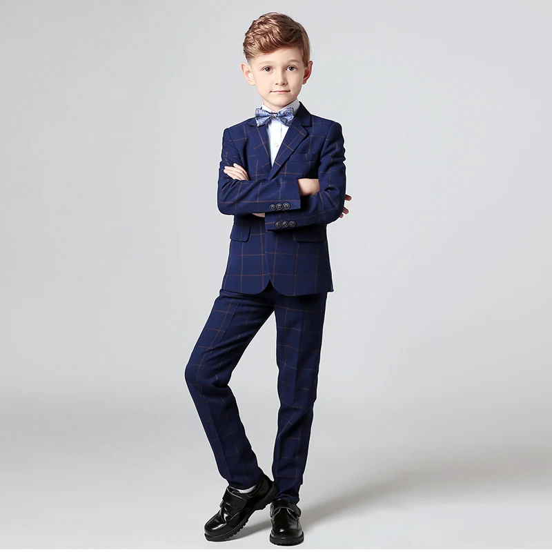 Boy Wedding Party Performance Host Graduation Chorus Suit Set Child Plaid Jacket Pants Bowtie Clothes Kids Tuxdeo Formal Costume