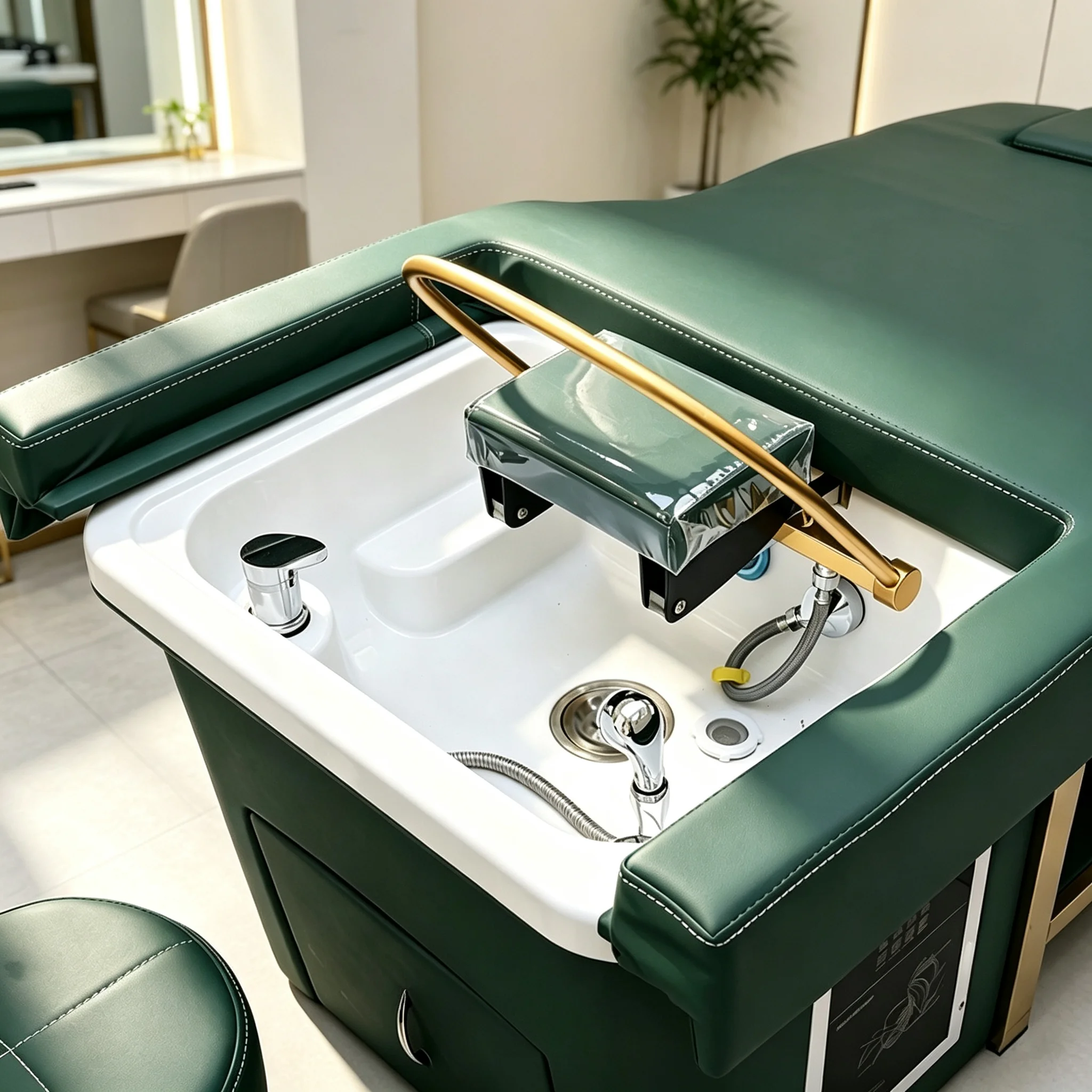 AIROW Water Circulation Massage Shampoo Bed With Steamer Gold Metal Frame Head Spa Bed for Hair Salon Spa