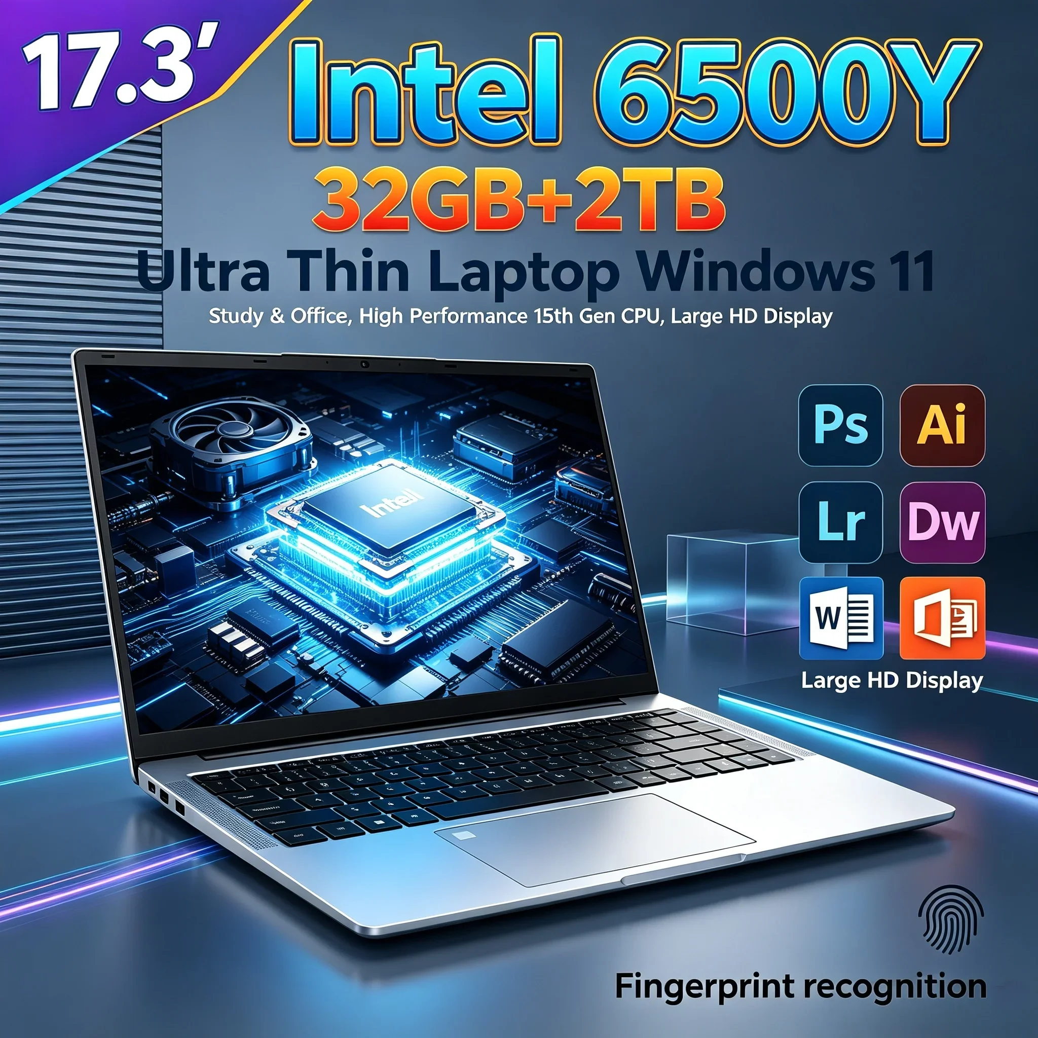 17.3 Inch HD Portable Laptop Intel 6500Y 32GB RAM 1TB 2TB SSD Win11 WiFi 6 BT5.2 Notebook Computer Daily Working Office Home Use