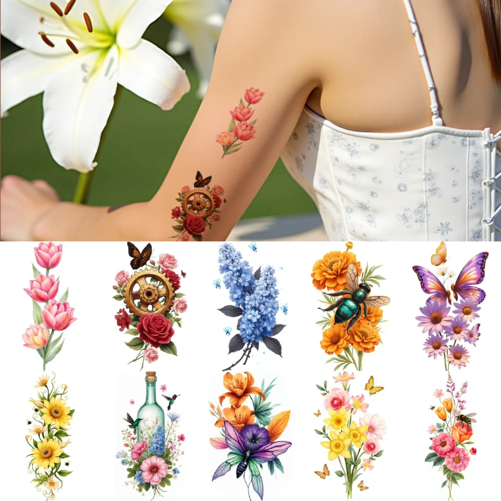 9pcs Temporary Tattoo  Temporary tattoo stickers Green Roses  Blue Flowers with Dragonfly for  back arms Adult