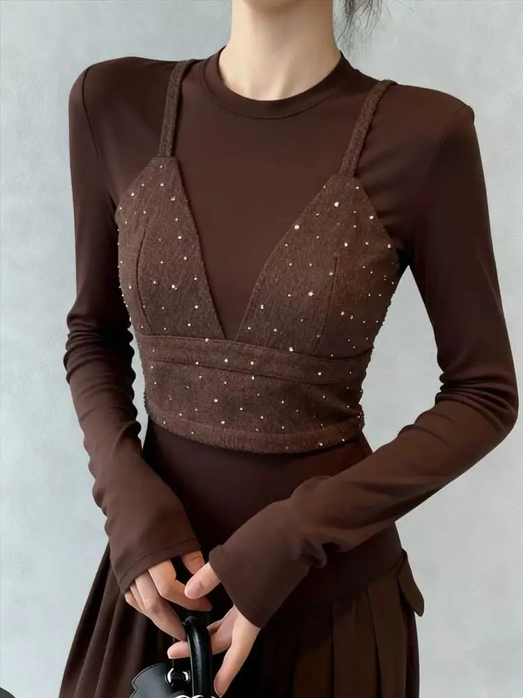 

100% CottonTwo-in-One Slim Fit Long Sleeve Dark Brown Layered V-Neck Top Unique Design Base Layer Casual Versatile Slimming Tee