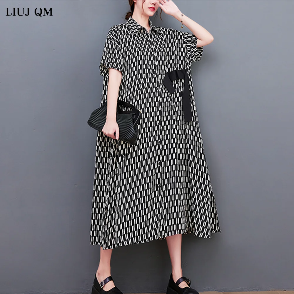 

Women Plaid Big Size Long Shirt Dress New Lapel Short Sleeve Loose Fit Fashion Tide Spring Summer Vintage Dresses 2024 Vestidos