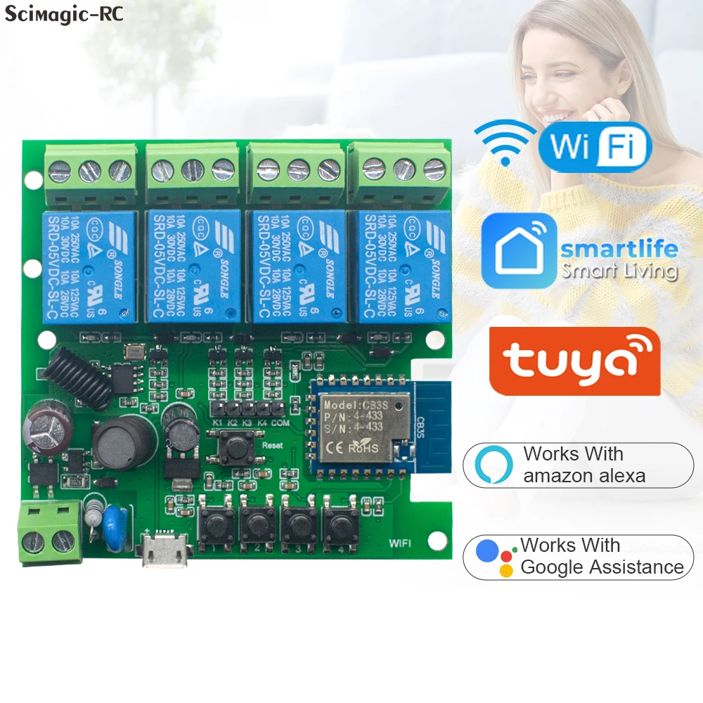 Mais novo interruptor wi-fi inteligente tuya, canal rf 433mhz ac/dc 7-32v ac 85-250v, funciona com alexa, google home, módulo de relé inteligente