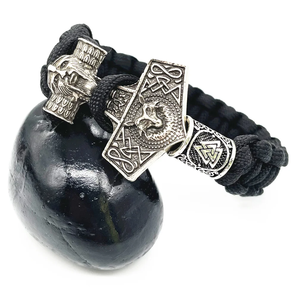Thor Hammer Wolf Amulet Viking Bracelet Men Women Accessories Black Survival Paracord Handmade Jewelry