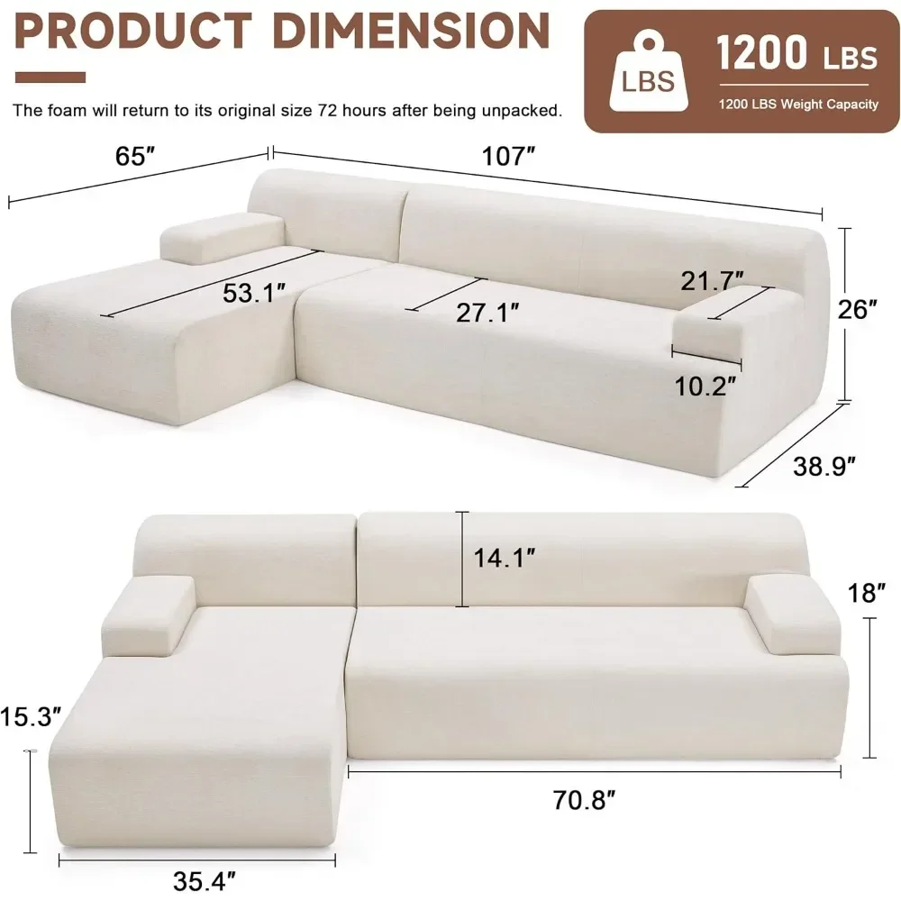 107” Modular Sectional Sofa, Modern Couch Sponge Sectional Sofa Couch for Living Room, High Density Sponges Cloud Couch