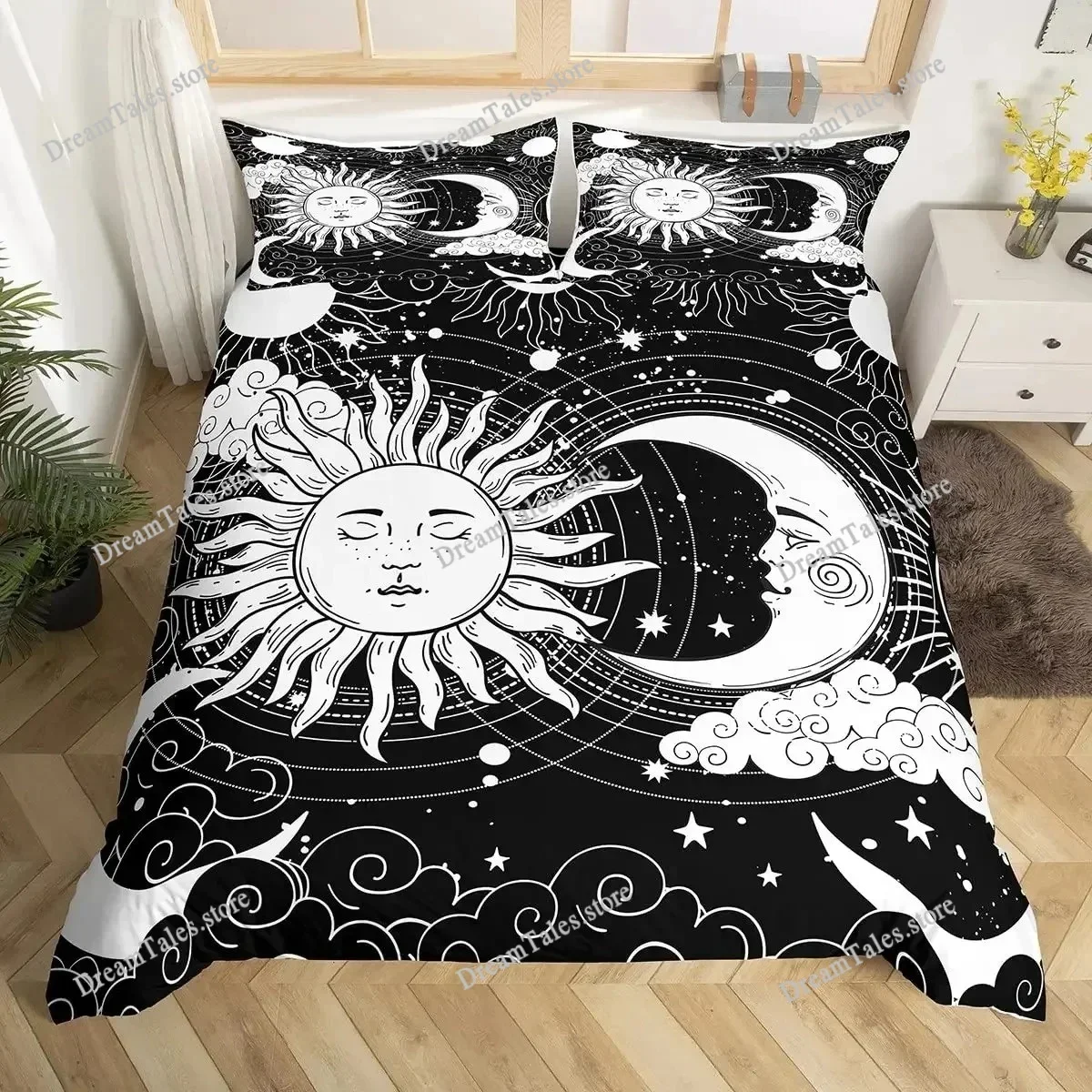 

Mandala Duvet Cover Set Sun and Moon Comforter Cover Ties Exotic Style Black and White Botanical Floral Polyester Bedding Set741