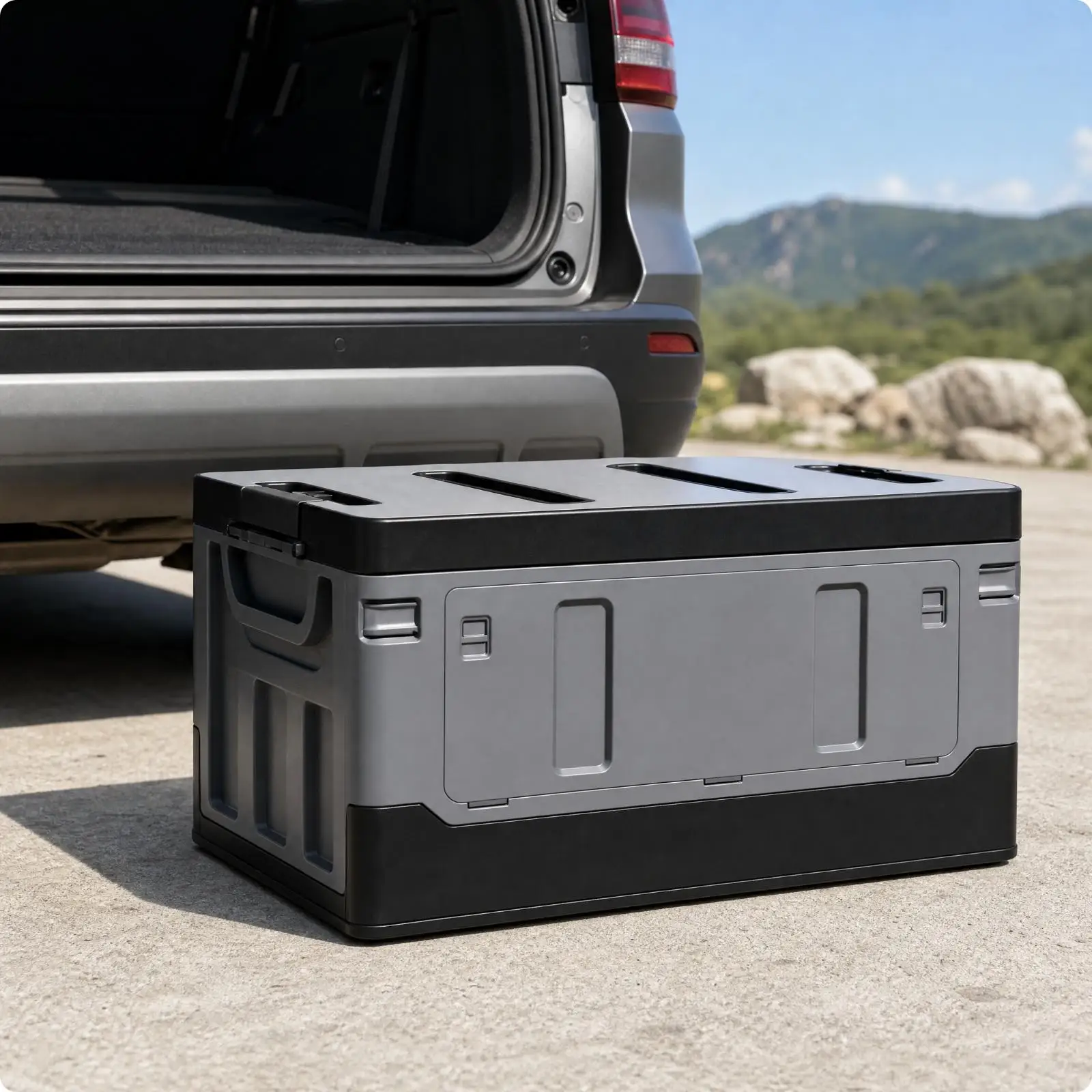 Rigid Plastic Car Trunk Organizer Box 38L Flat Lid Side Access Storage Container for Auto Cargo