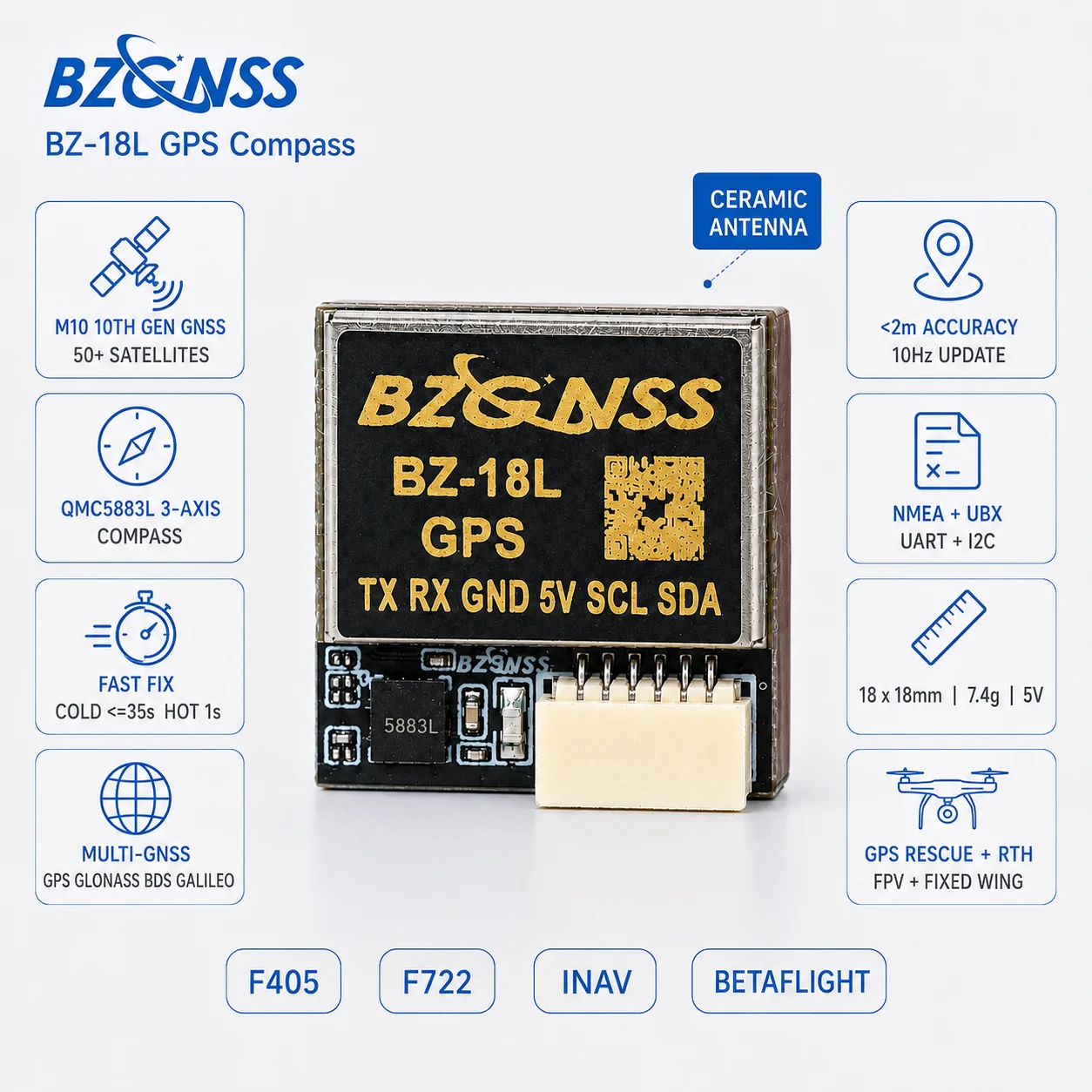 BZGNSS BZ-18L M10 GPS Compass Module QMC5883L Fast Satellite Search 5VDC for RC Airplane Fixed Wing SpeedyBee BZ-251 Alternative