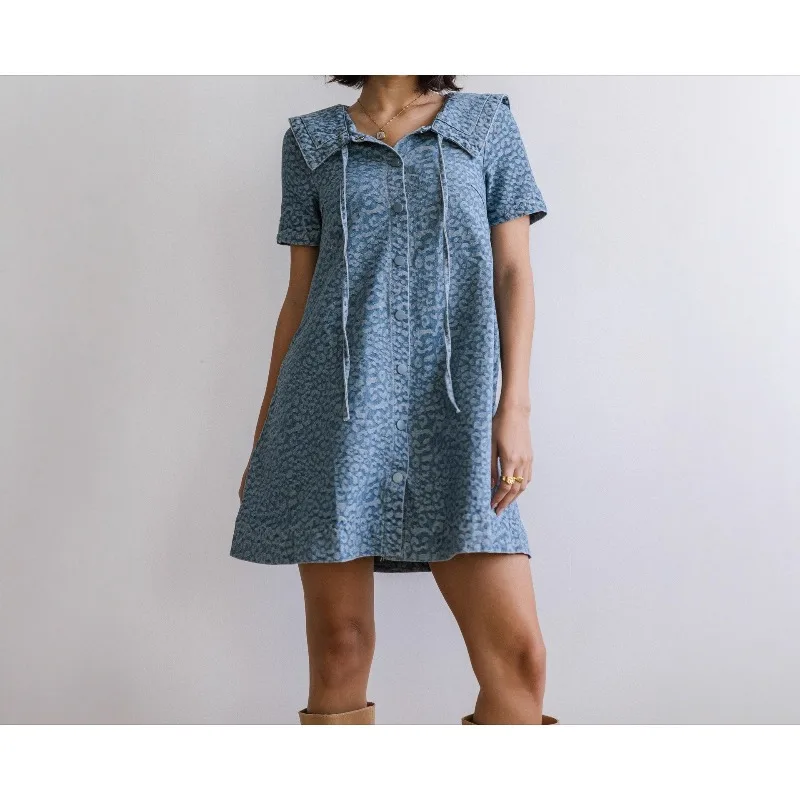 

Spring/Summer 2026, Fashion Casual Leopard Print Short Sleeve Women's Denim Dress