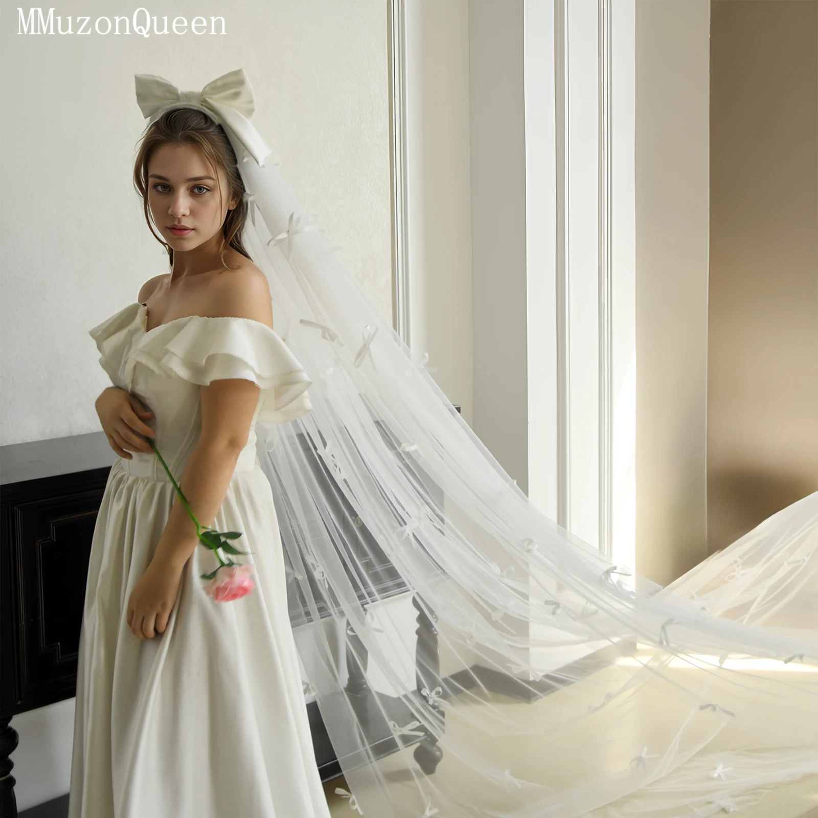 

TOPQUEEN прекрасный белый одинарный длинный хвост с бантом, фата с расческой, свадебные аксессуары, подходящие для дам, свадьба в соборе M161