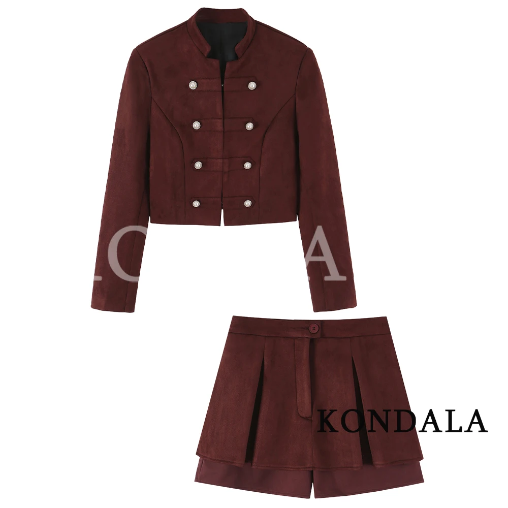 KONDALA Women Fall Elegant Faux Suede Skirt Set Vintage Buttons Trim Blazer, Mini Skirt 2026 Autumn Winter Fashion Dinner Suit