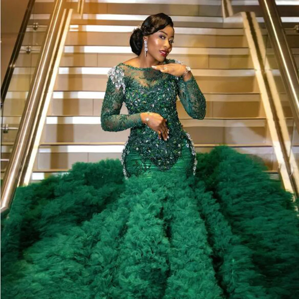 Dark Green Nigeria Evening Dresses With Long Sleeves Beads Long Train Aso Ebi Women Fomral Party Gowns Mermaid Prom Dress