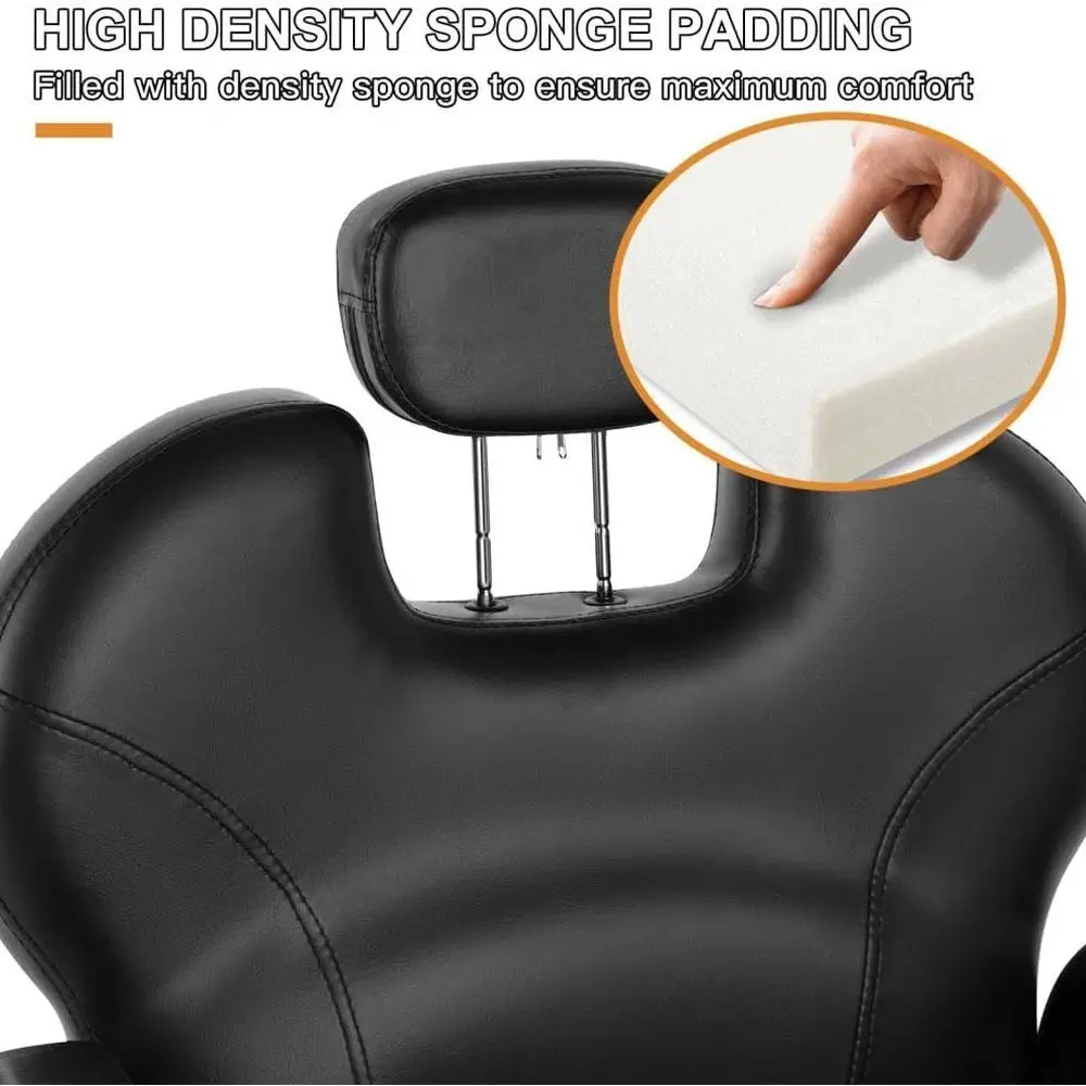 Cadeira de salão reclinável ergonômica com altura e encosto de cabeça ajustáveis, confortável e durável para cabeleireiros, preta