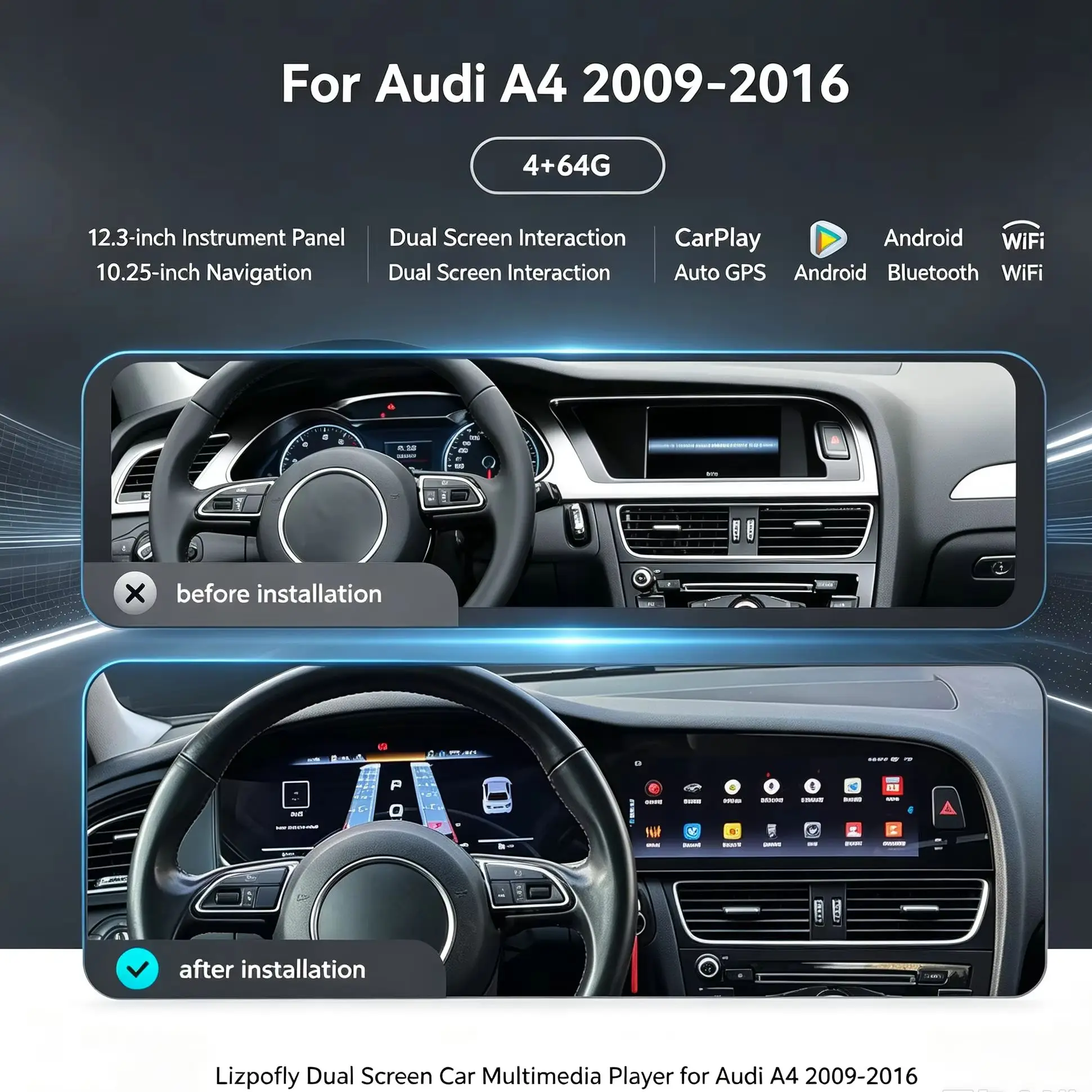 Lizpofly 12.3-inch instrument panel+10.25-inch navigation fou Audi A4 2009-2016, Dual Screen Interaction CarPlay, Auto GPS