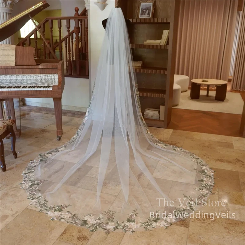 Champagne Green Embroidery Flowers Lace Trim Wedding Bridal Veils Cathedral Length Fairy Customized Colored For Brides Unique