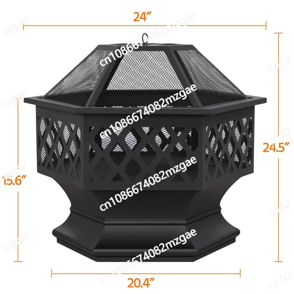 24-Inch Hexagonal Fire Pit Bowl with Spark Screen, Outdoor Camping and Garden Heating Equipment with Safety Cover
