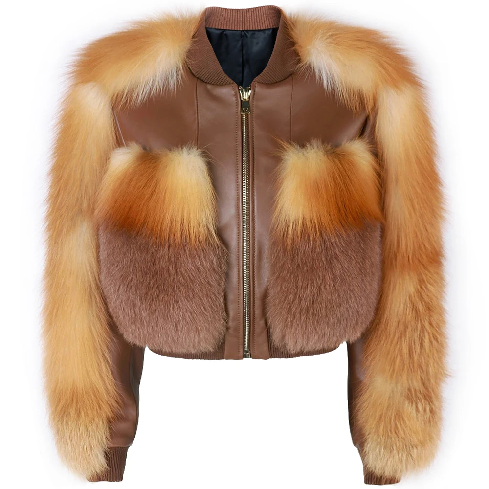 YOLOAgain, chaqueta de piel auténtica con manga de piel de zorro auténtica, chaqueta Bomber de gran tamaño para mujer, moda de otoño 2025