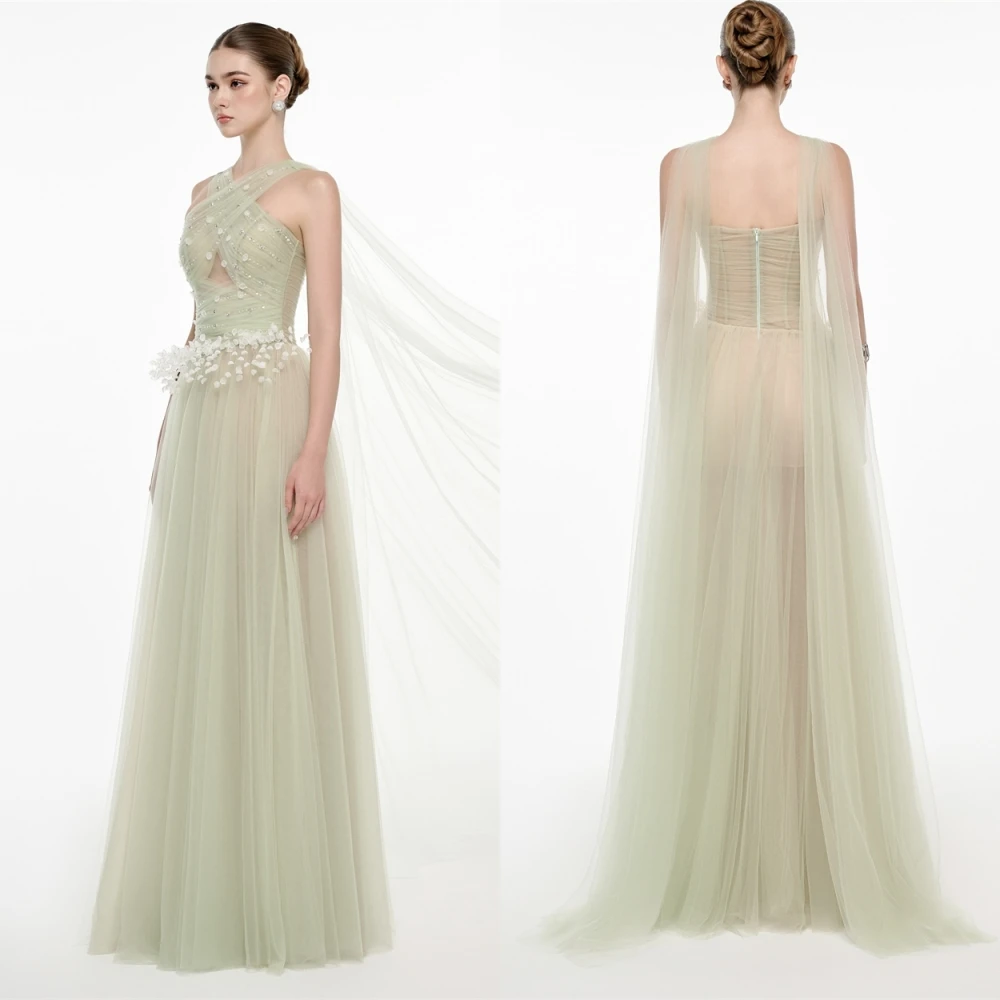 

Customized Elegant Graceful Green Tulle Evening Dress Delicate Halter Sleeveless Cocktail Dress Temperament Homecoming Dress
