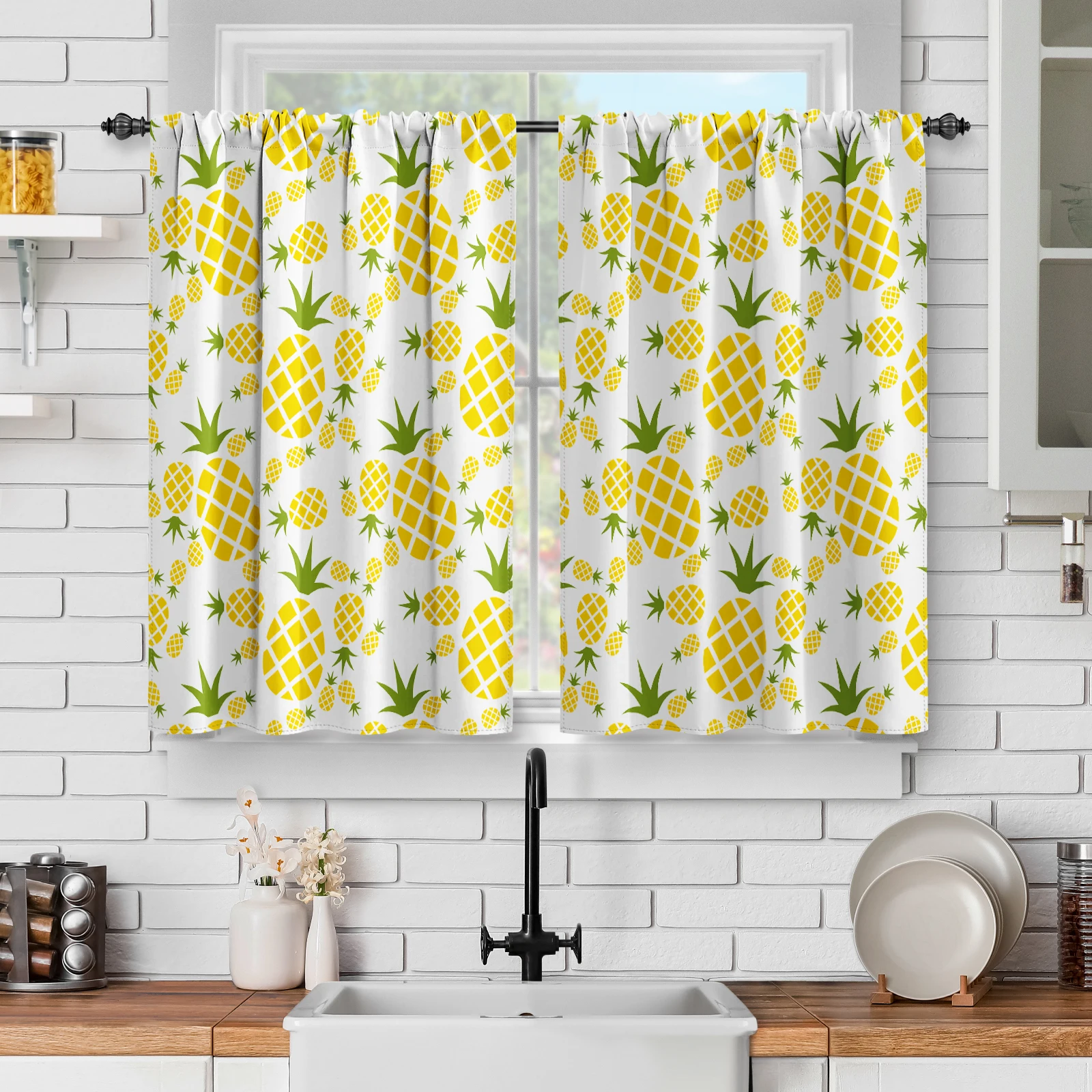 2 Panels Fruit Pineapple Farmhouse Kitchen Curtains,Rustic Organic Fruits Short Cafe Curtain Decor for Dining Room Tier Curtains