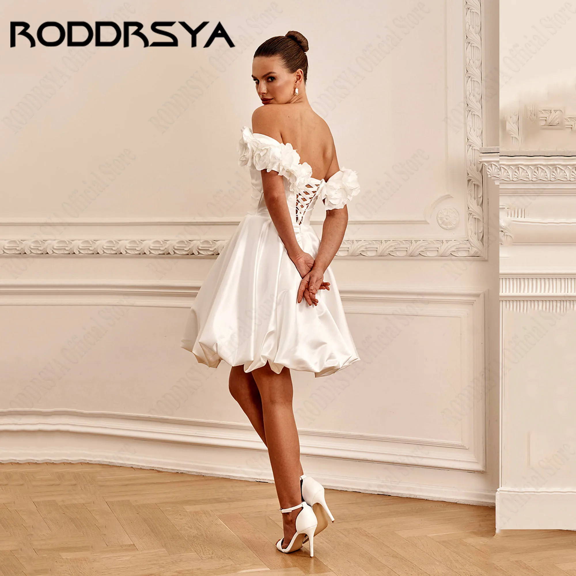 RODDRSYA สั้นปิดไหล่ชุดแต่งงาน 2025 A-Line Strapless ซาตินโมเดิร์นเจ้าสาว Gowns 3D ดอกไม้ Lace Up vestido ที่กําหนดเอง