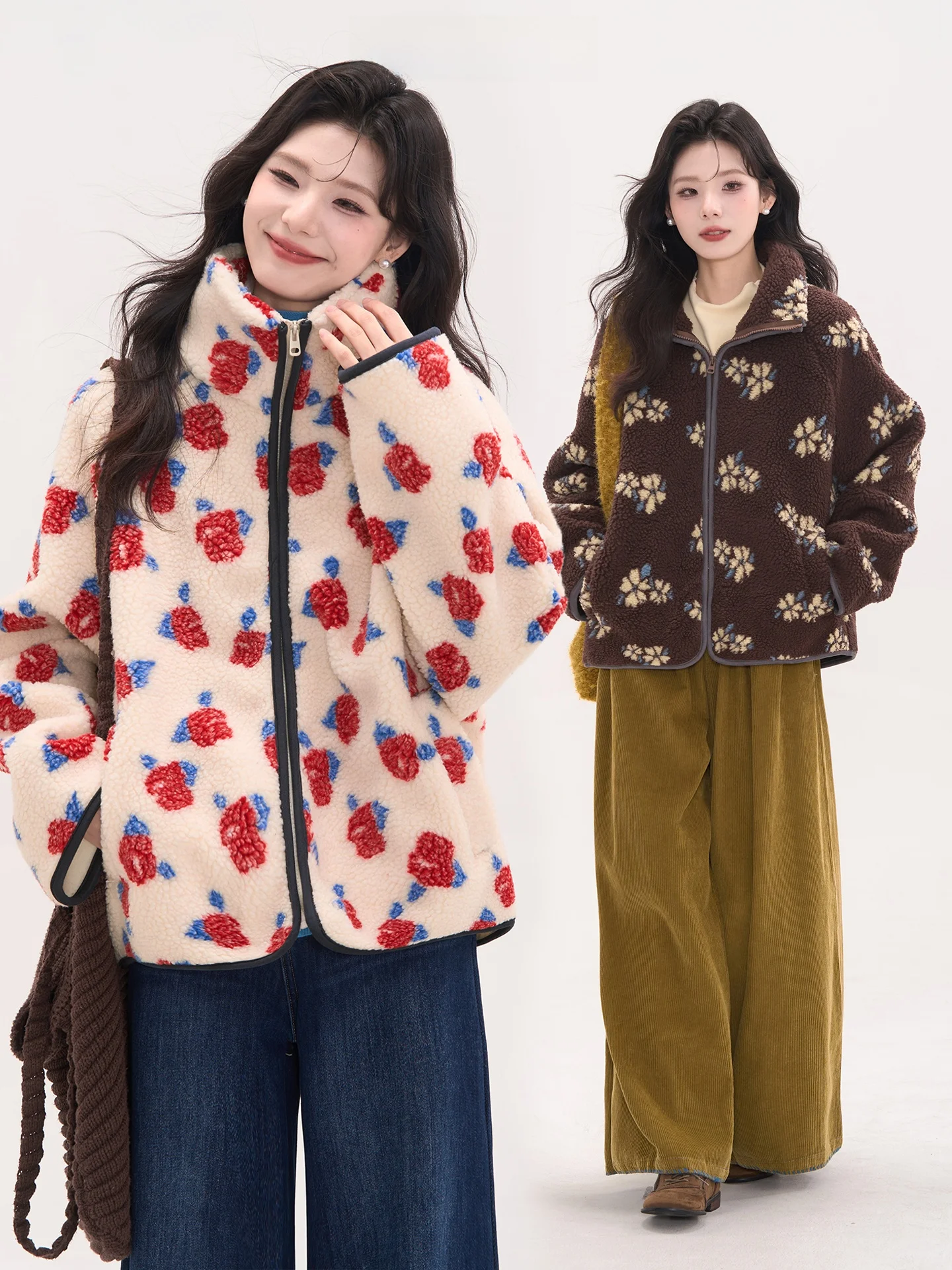 

Женская зимняя теплая куртка из искусственного меха с цветочным принтом в корейском стиле, свободного кроя, из полиэстера