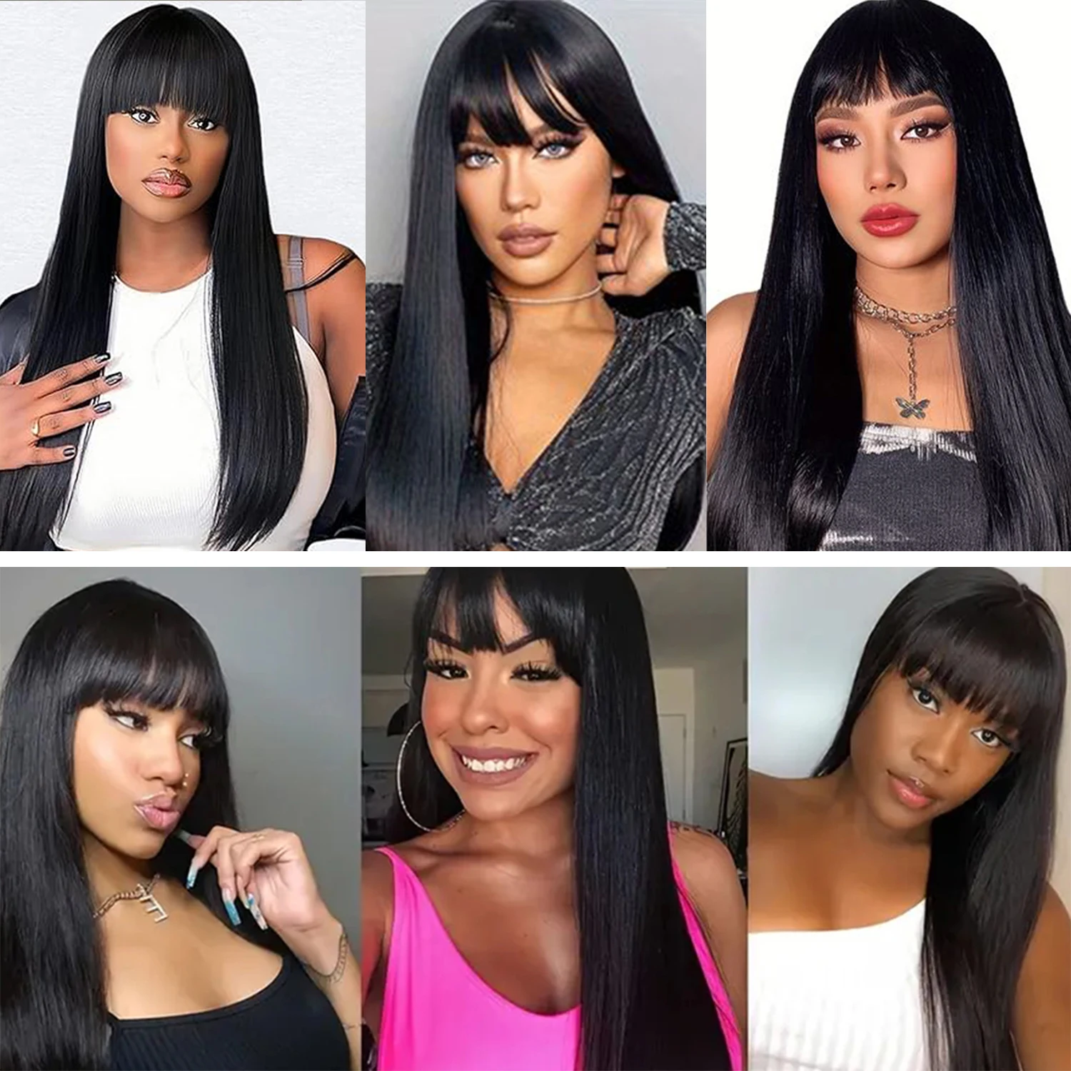 วิกผมผมมนุษย์กับ Bangs ไม่มีวิกผมลูกไม้ด้านหน้าผมมนุษย์ 180% ความหนาแน่นตรงวิกผมเครื่องทําบราซิล Remy ผมสําหรับผู้หญิง