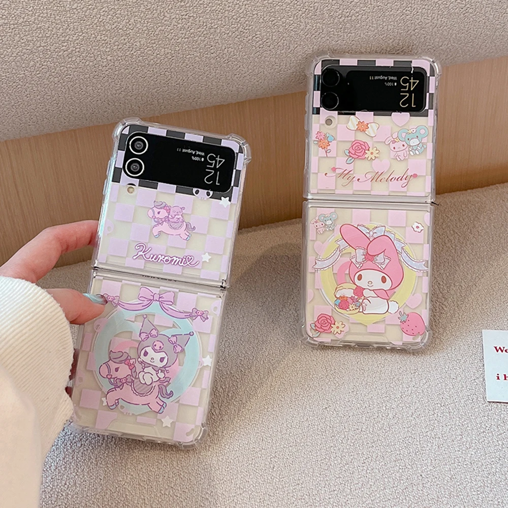 Sanrios Cute Kuromi Melody Playground Magsafe Magnetic Phone Case for Samsung Galaxy Z Flip 3 4 Z Flip 5 6 Z 5G Soft Clear Cover