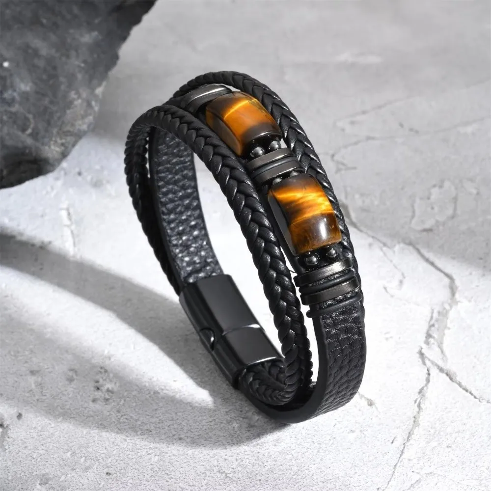Wristband Bracelet Multi-Layer Tiger Eye Stone Bracelet Adjustabl Retro Leather Bracelet Braided Handmade Beaded Bracelet Women