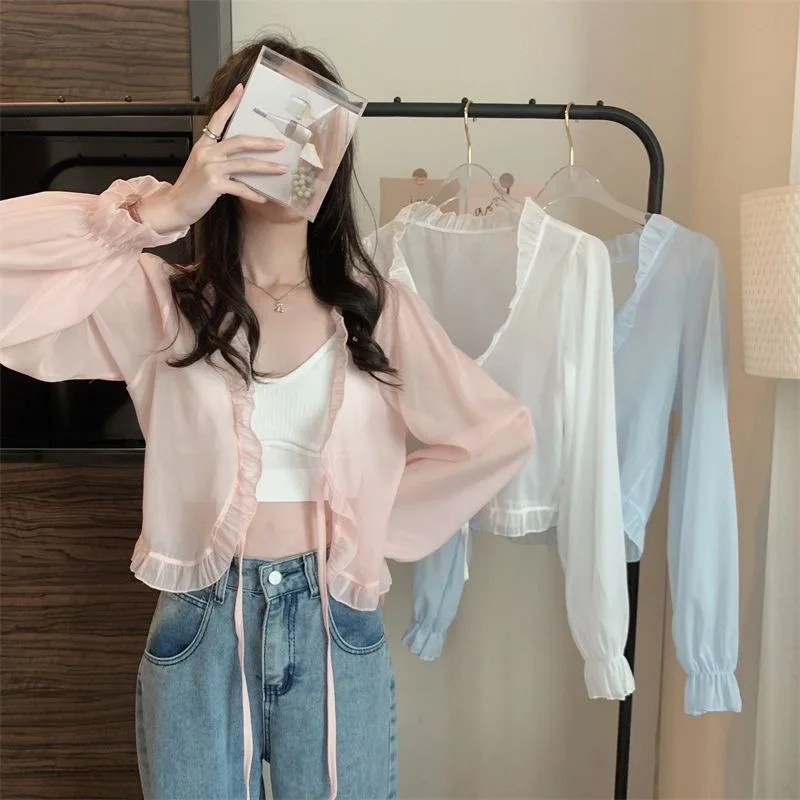 Women's Summer Lace Bow Ruffle Cardigan Shirt Y2K Korean Style Sun Protection Blouse Top White Female Cover Blusa view 2