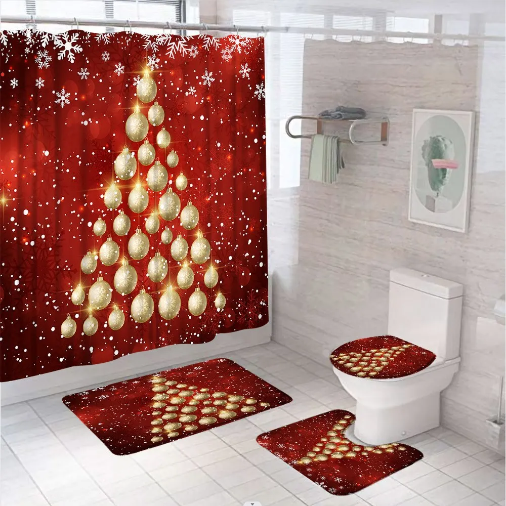 

4Pcs Christmas Gold Ball Shower Curtain Set with Rug Toilet Lid Cover Xmas Tree Snowflake Festive Bathroom Curtains with 12 Hook