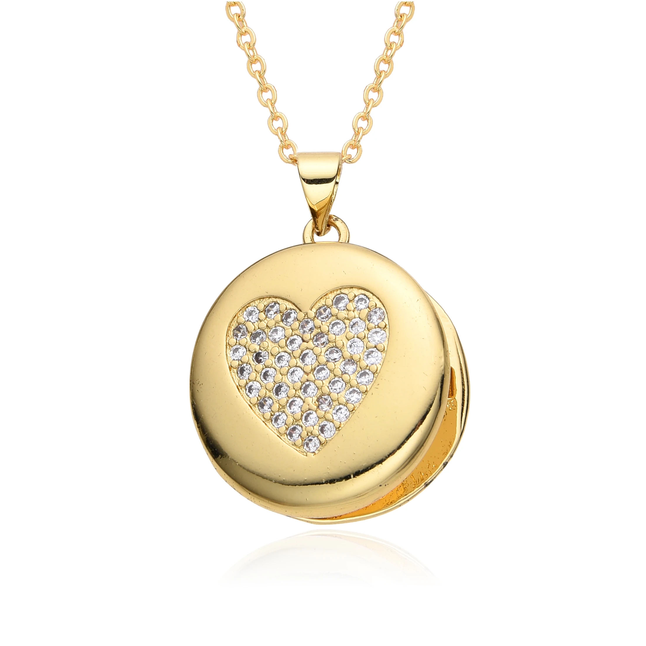 Gold Plated Circle Open Closed Photo Box Charms with Zirconia Paved Heart Moon Star Necklace Celestial Pendant for Mom and Women