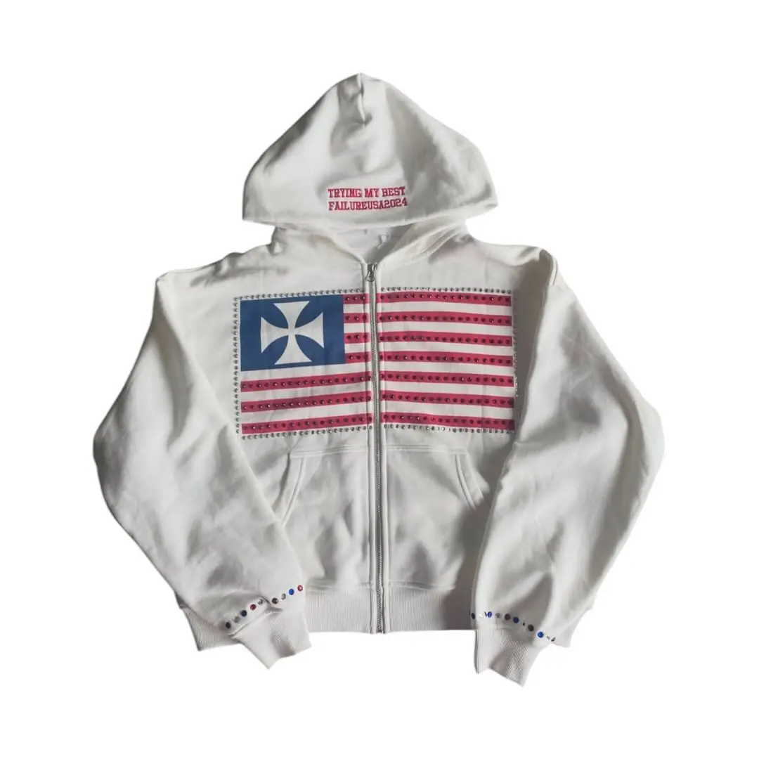 US America Fashion Streetwear Pure Cotton Oversized Loose Rhinestone National Flag Zipper Hoodie Y2k Harajuku Couple Sweatshirt